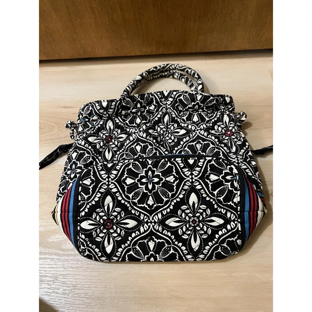 VERA BRADLEY Black White Stripe Barcelona Floral Pattern Bucket Bag Purse - Picture 4 of 8